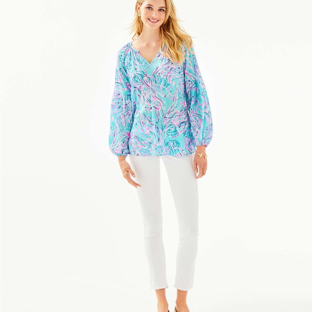 Lilly Pulitzer Aqua & Pink Printed V-Neck Long Sleeve Blouse